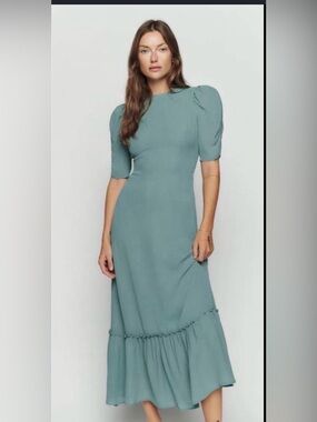Elegant Teal Puff-Sleeve Midi Dress